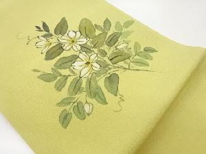 作家物　縮緬地手描き金彩花々模様開き名古屋帯（額縁仕立て）